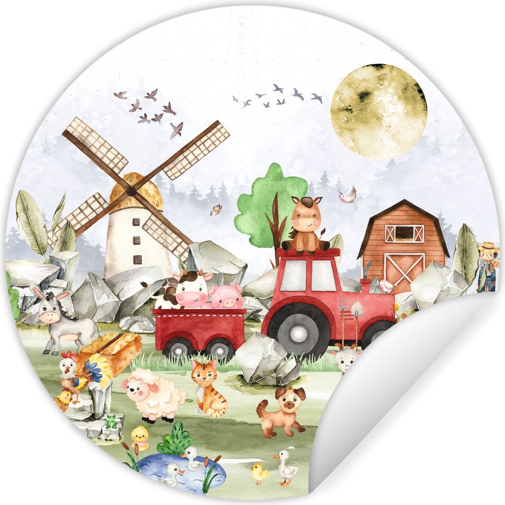 MuchoWow Runde Wandtattoo - Wandsticker Tapete Aufkleber Bauernhof - Traktor - Kinder - Tiere Ø 100 cm Selbstklebend und Repositionierbar - Wand...