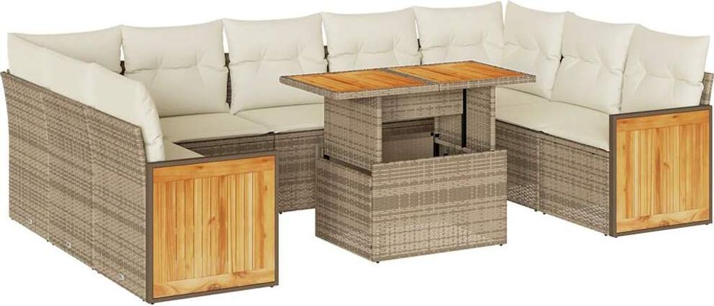 vidaXL 10-tlg. Garten-Sofagarnitur mit Kissen Beige Poly Rattan Akazie