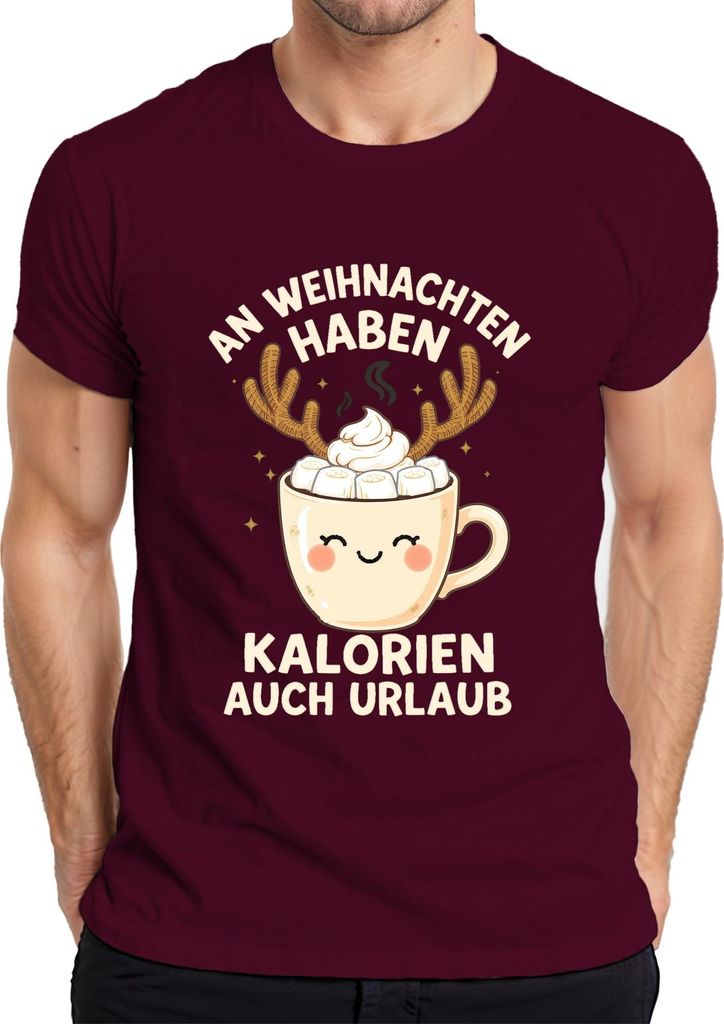 An Weihnachten haben Kalorien auch Urlaub Rentier Kakao lustig Herren T-Shirt, Burgundy, XL
