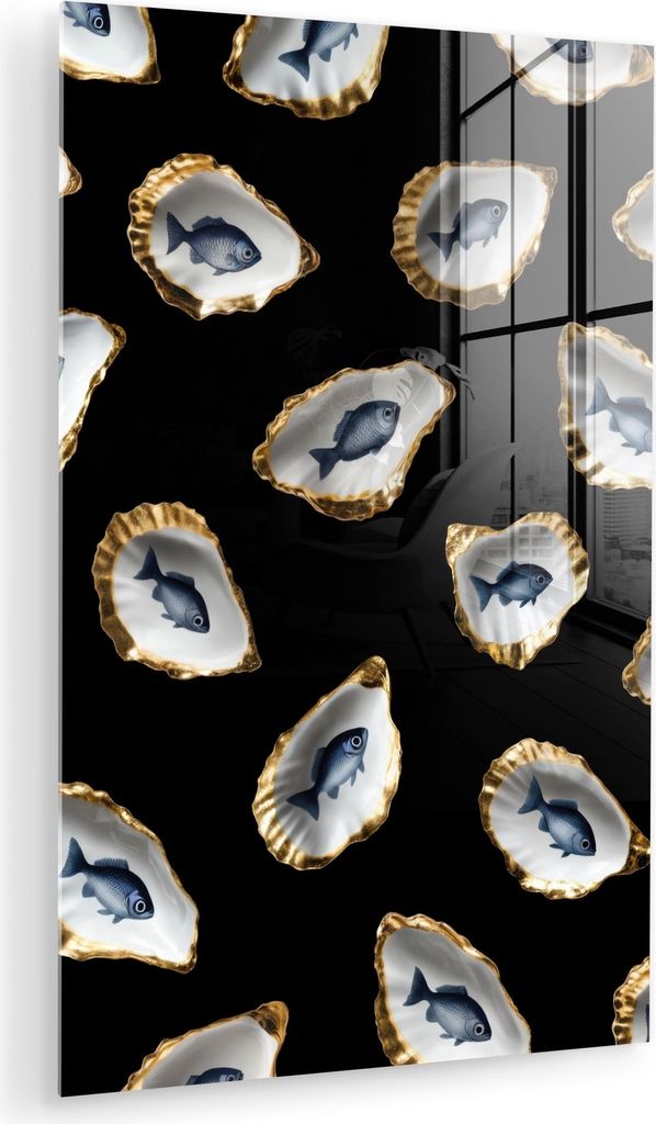 MuchoWow Glasbilder - Bilder auf Wandbild - Foto auf Glas Austern - Fisch - Blau - Gold 20x30 cm Wanddekoration aus Glas - Acrylglasbild - Acrylbil...