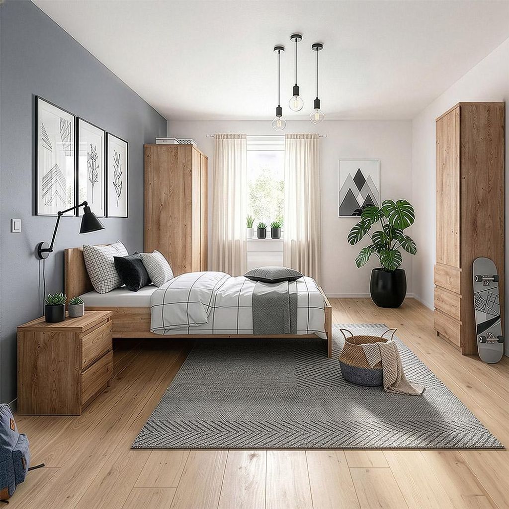 Jugendzimmer-Set mit Bett 120x200 cm & Kleiderschrank in Eiche, modern, 4-teilig - FORTALEZA-129