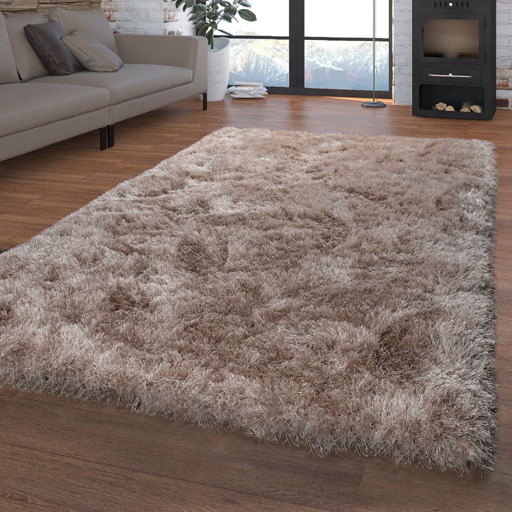 Moderner Wohnzimmer Shaggy Hochflor Teppich Soft Garn In Uni Beige Lila Brau *DE 