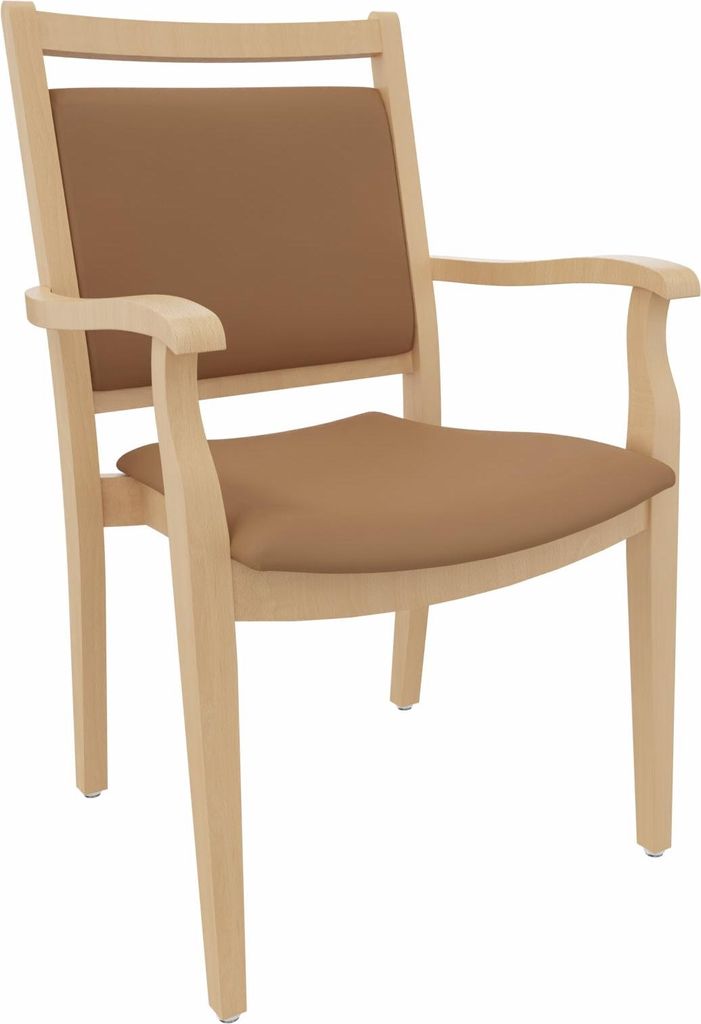 Pflegestuhl André mit Armlehnen – Ideal für Senioren im Altenheim oder Zuhause.Stoffbezug:Kunstleder Soft Camel,Bodengleiter:Kunststoff Weiss