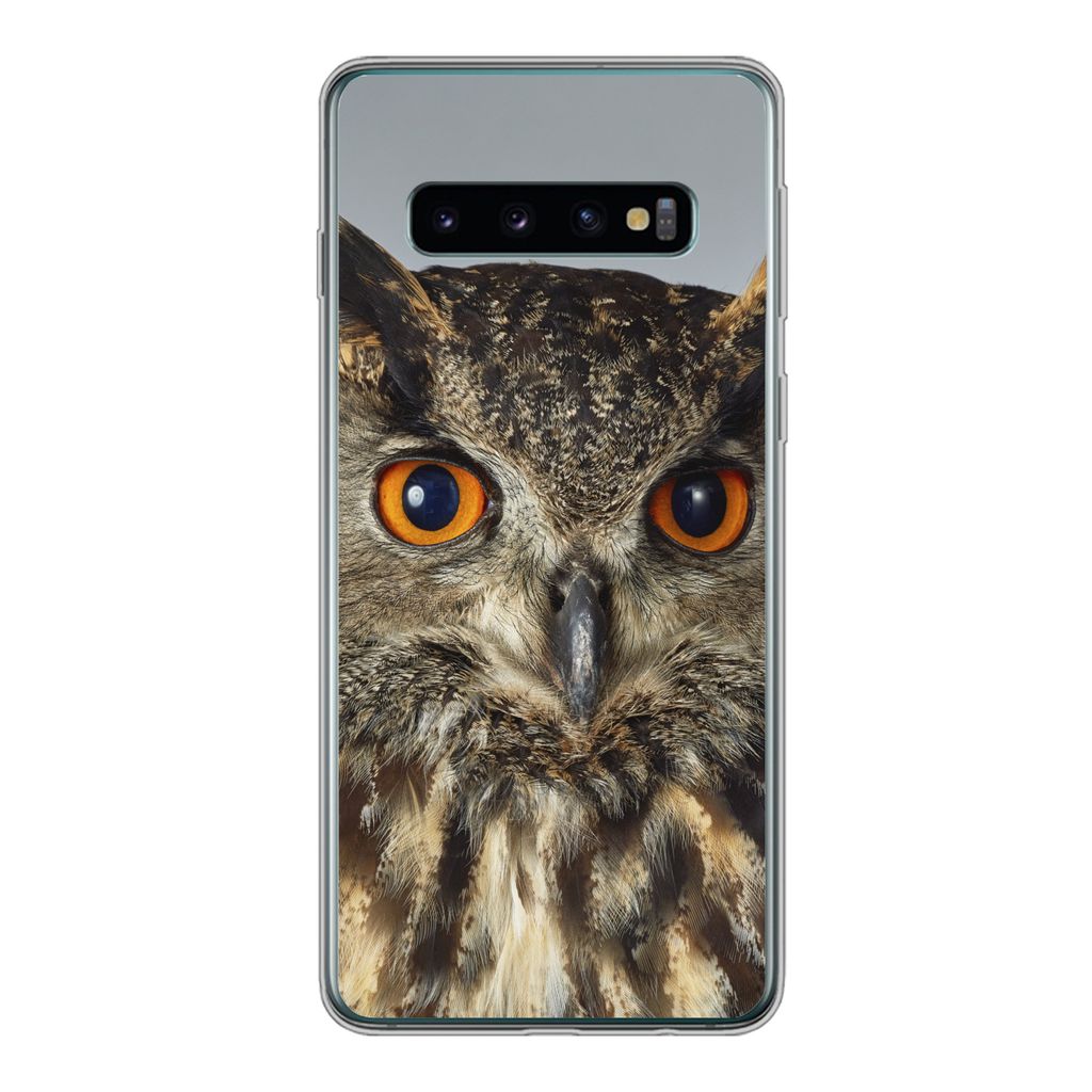 MuchoWow Handyhülle Schutzhülle Hülle für Samsung Galaxy S10 Braune Eule mit hellblauem Hintergrund Silikon Softcase Handy Hülle - Handytasche