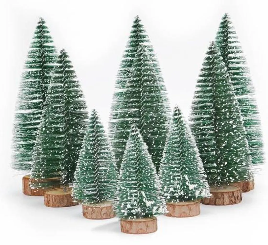 Sapin de Noël miniature givré avec socle bois - Trio de 3 dimensions