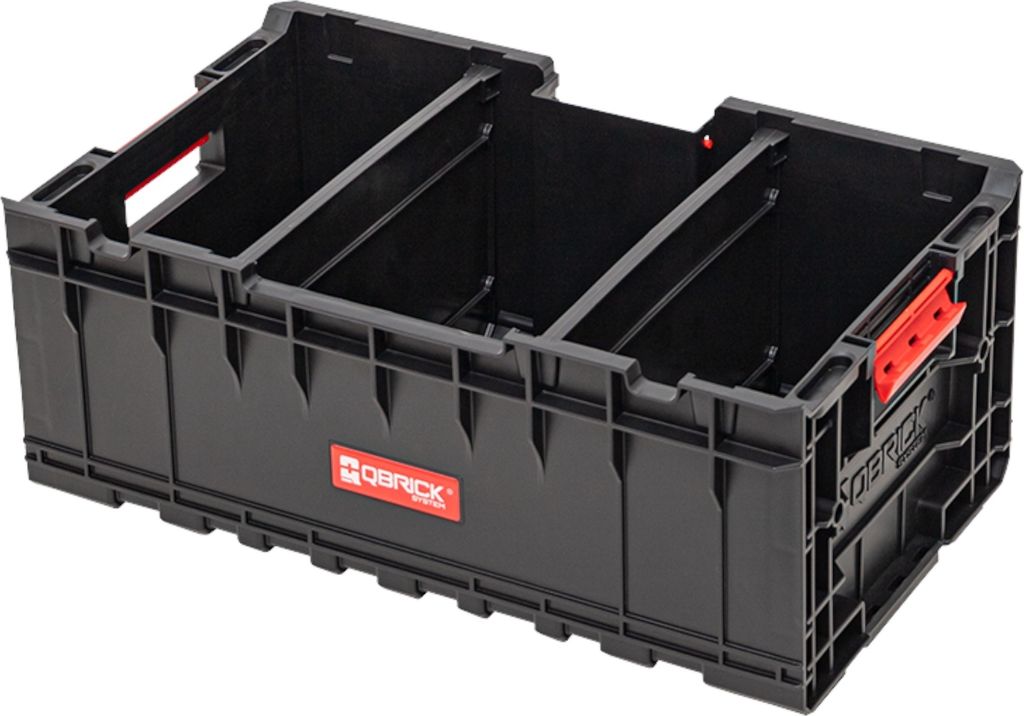 A black plastic tool organizer with red accents, shown from a diagonal angle against a white background.