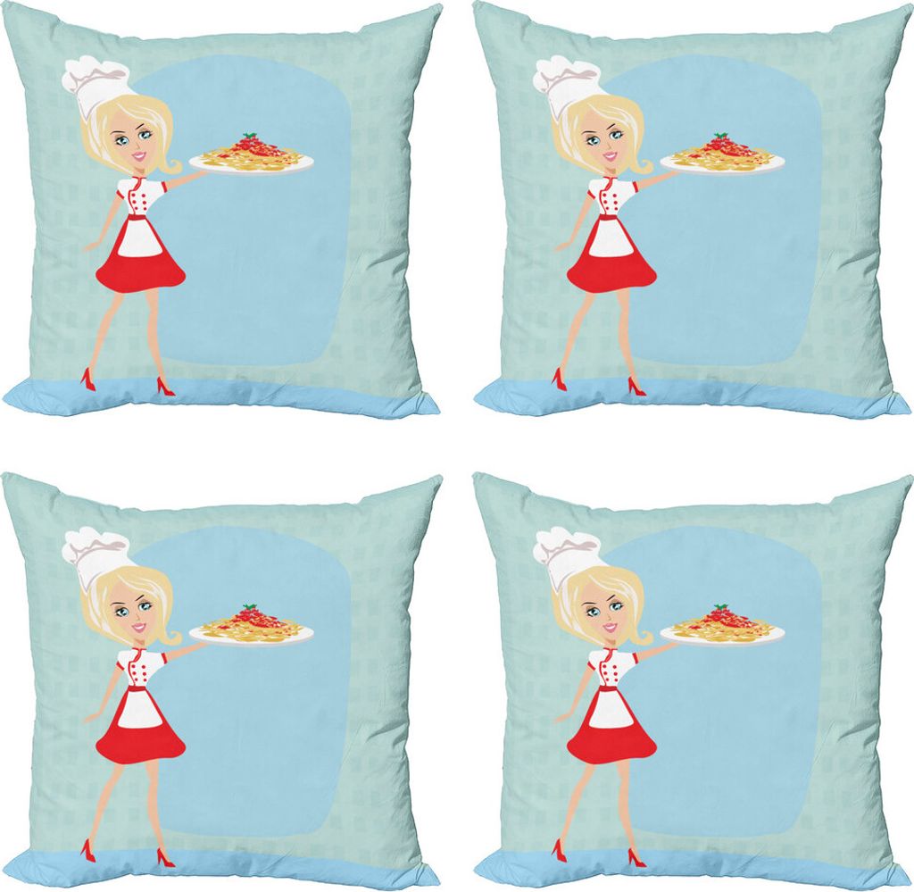 ABAKUHAUS Italienisch Kissenbezug Set (4 Stück), Blonder Chef mit Spaghetti, Moderner Doppelseitiger Digitaldruck, 45 cm x 45 cm, Mehrfarbig