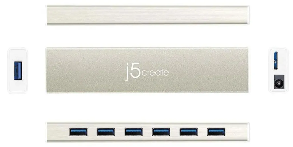 Hub USB j5create JCH377 en aluminium argenté avec 7 ports Haute Vitesse
