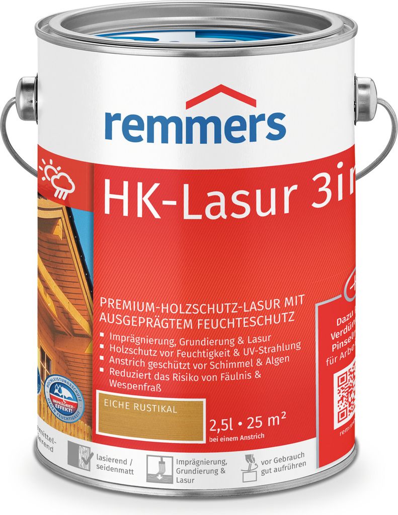 A can of wood stain with product information and branding.
