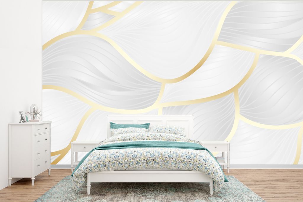 MuchoWow Fototapete für Wohnzimmer oder Schlafzimmer Wandtapete Vinyl Motivtapete Abstraktes Muster mit goldenen Linien - 350x260 cm - Wohnzimme...