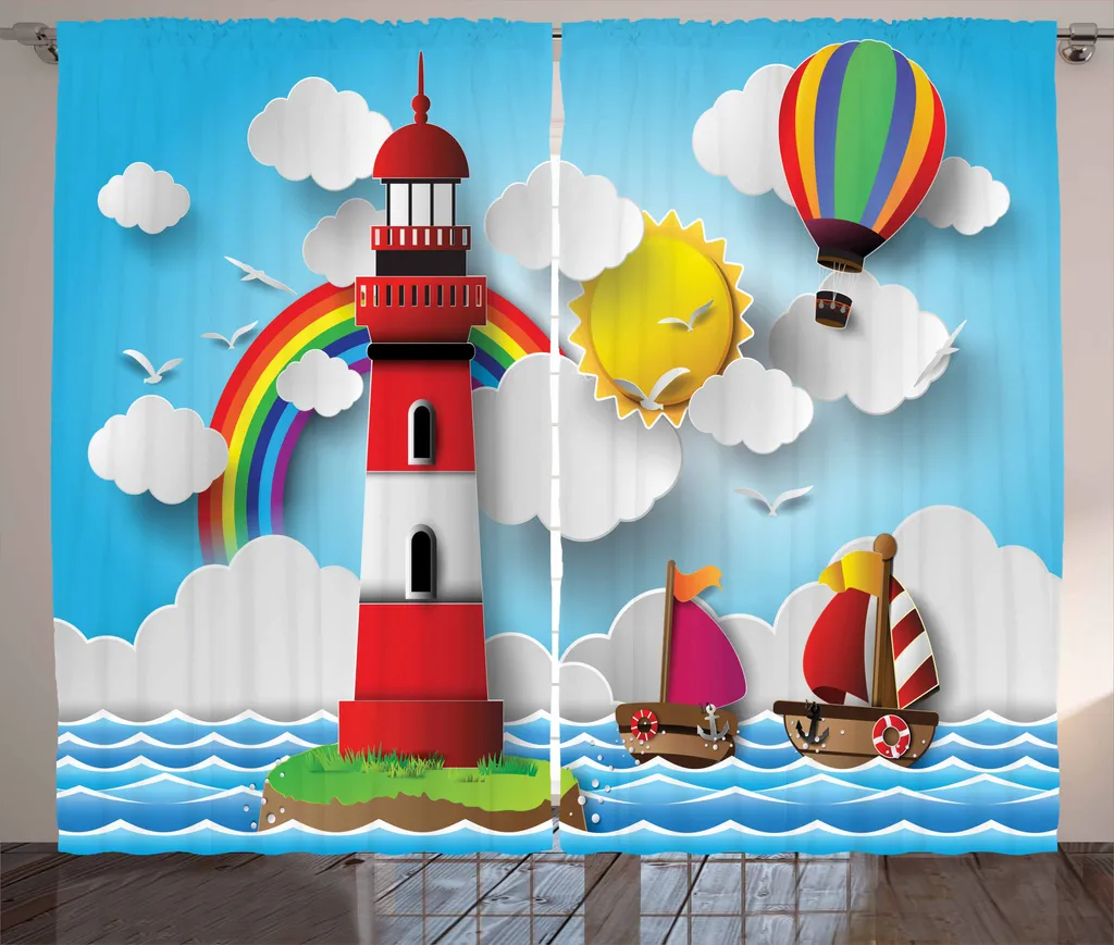ABAKUHAUS Tenda rustica Vintage Boat, Cartone animato per bambini , Tende universali per soggiorno con passanti e ganci, 280 x 175 cm, Multicolore