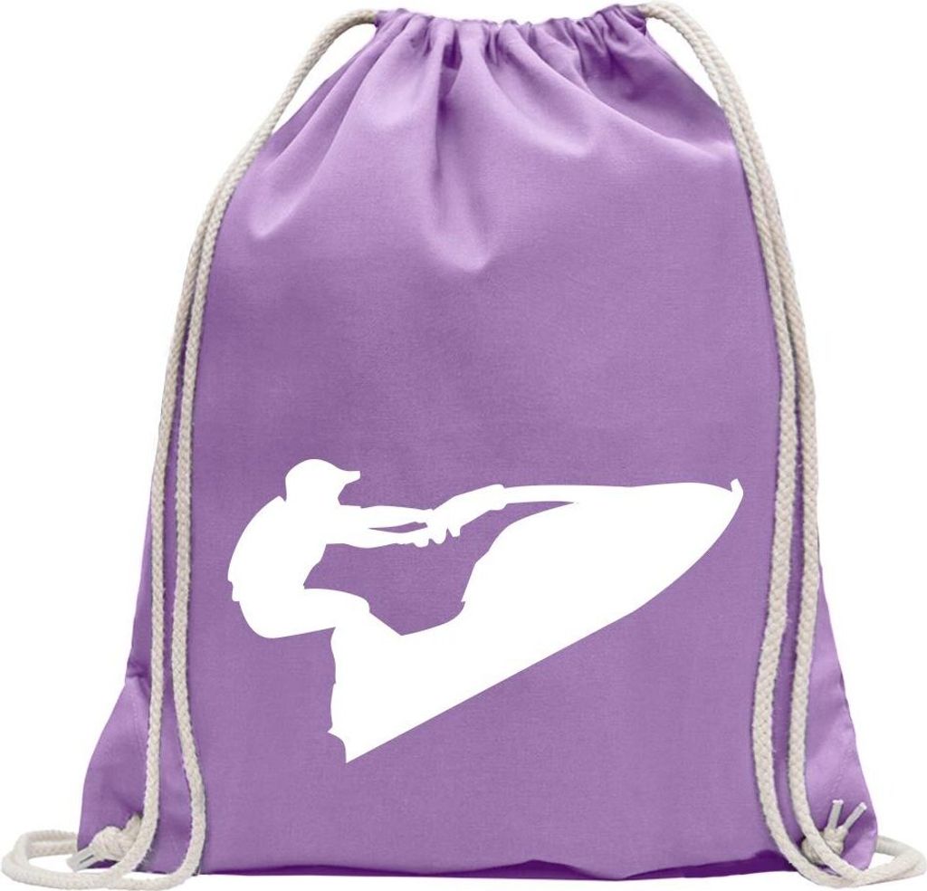 Kiwistar - Turnbeutel - lavendel - Jet-Ski Jetboot Fahrer Figur - Fun Rucksack Sport Beutel Gymsack Baumwolle mit Ziehgurt