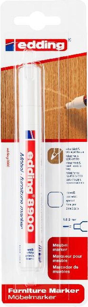 A product package for an Edding furniture marker, showing the marker and an example of its use on wood.