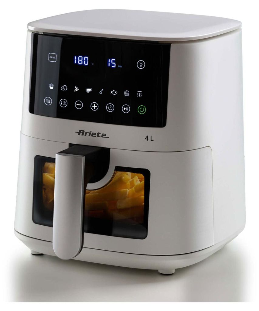 A white Ariete air fryer with a digital display and a window showing food inside.