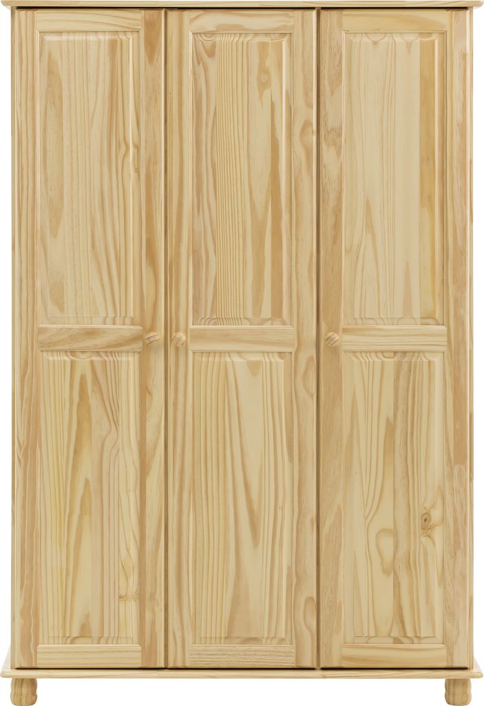 Möbilia Kleiderschrank | 3 Türen | Kleiderstange und Einlegeböden | Kiefer-Holz massiv | B 120 x T 52 x H 178 cm | natur | 19020012 | Serie SCHRANK