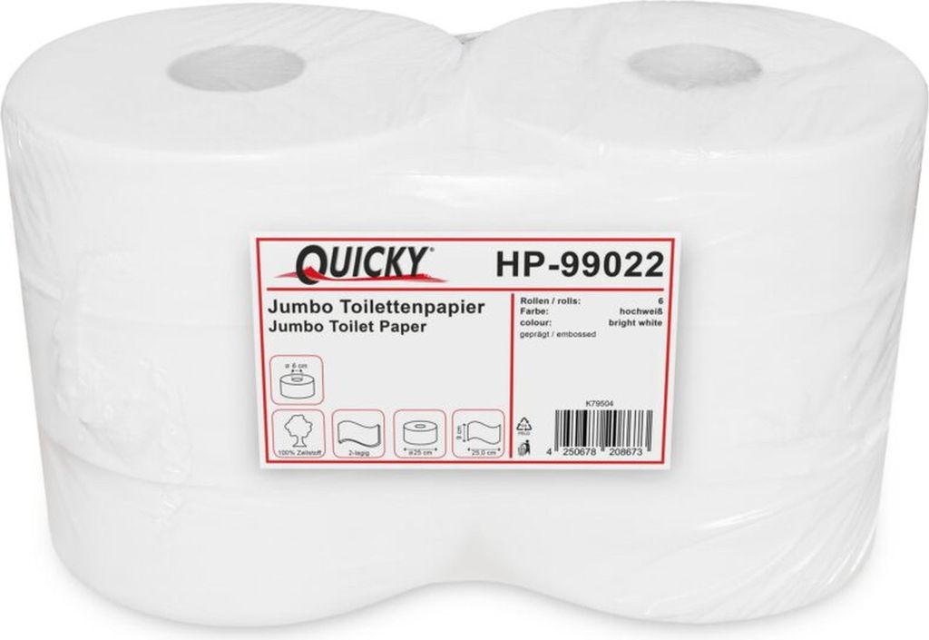 Jumbo Toilettenpapier QUICKY- 2-lagig - DM 25 cm - hochweiß - 6 Rollen