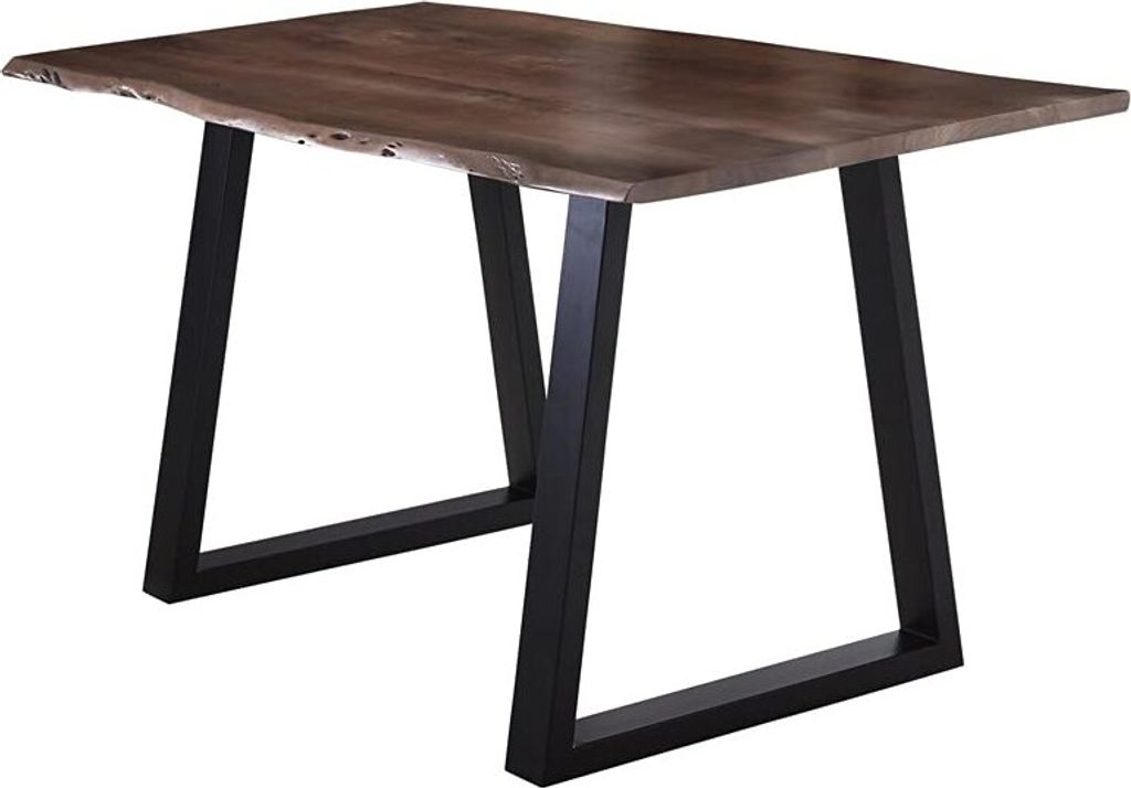 Esstisch 160x85 cm Lubin, Akazienholz nussbaumfarben, Massiver Esszimmertisch mit echter Baumkante, Baumkantentisch mit V-Gestell Schwarz, Holztisc...