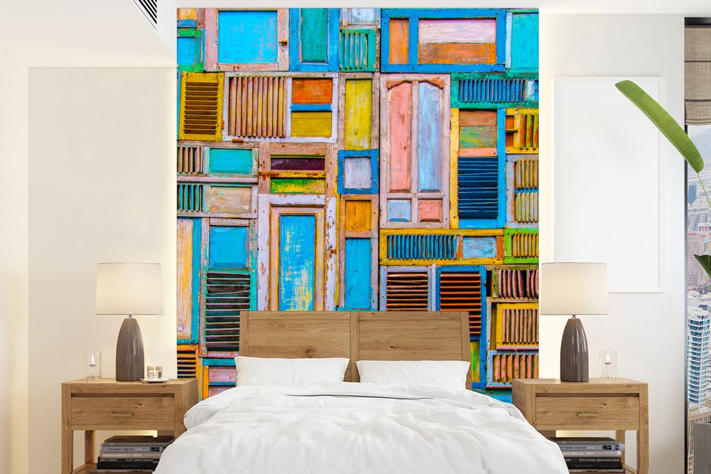 MuchoWow Fototapete für Wohnzimmer oder Schlafzimmer Wandtapete Vinyl Motivtapete Türen - Blau - Abstrakt - Architektur - Neon - 175x240 cm - S...