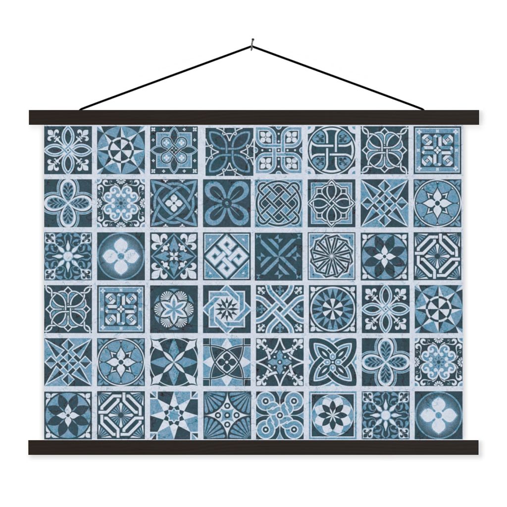 MuchoWow Textilposter Blumen - Blau - Muster - Figuren 150x113 cm mit holzfarbenen Rahmen - Poster