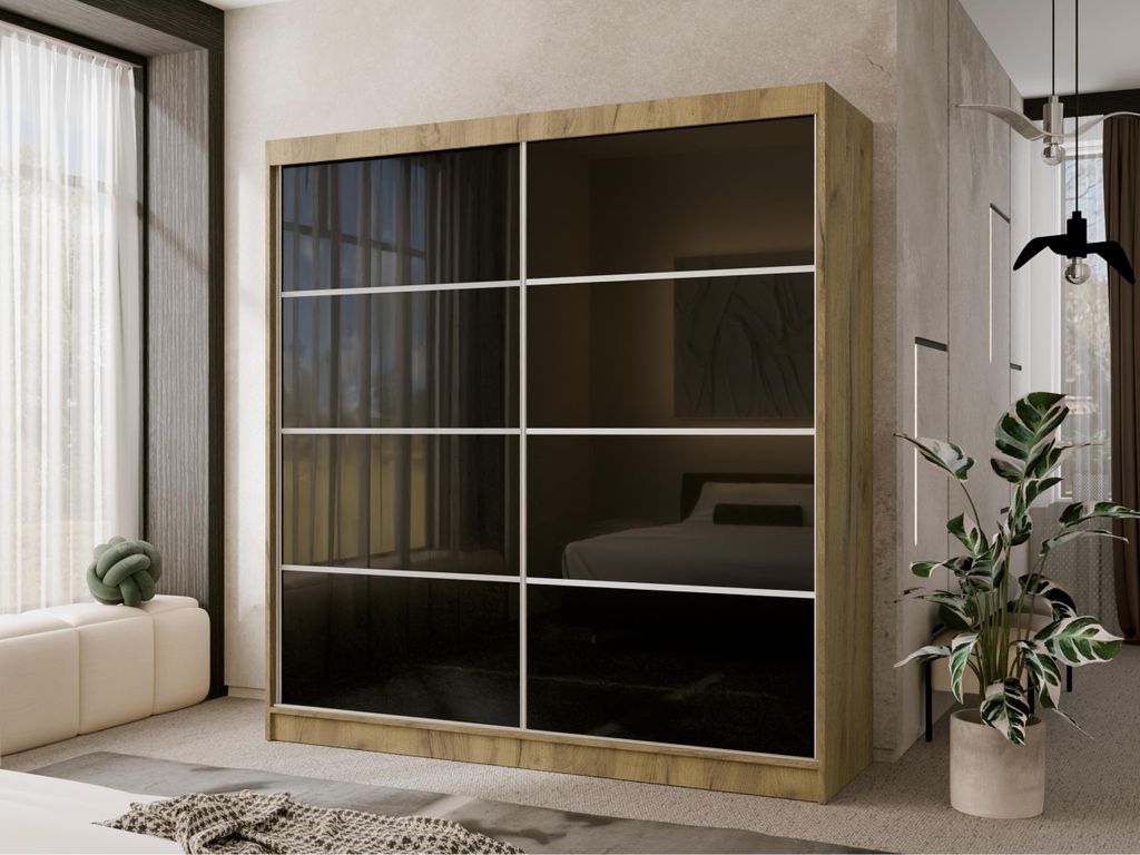 Eleganter Kleiderschrank mit Glasfronten Mira III 200 cm, 2-türiger Schwebetürenschrank Eiche Kraft mit Ziersprossen, Kleiderschrank mit Einlegeb...