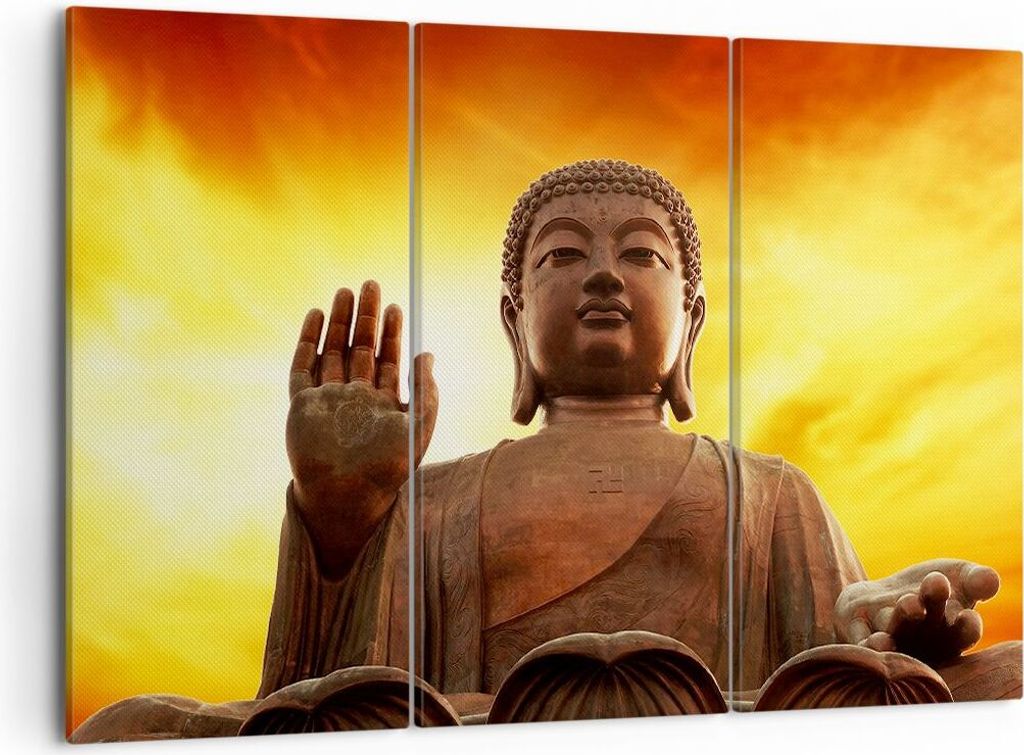 Bild auf Leinwand - Leinwandbild - Buddha Stein Sonnenuntergang - 105x70cm - Wand Bild - Wanddeko - Leinwanddruck - Bilder - Kunstdruck - Wanddekor...