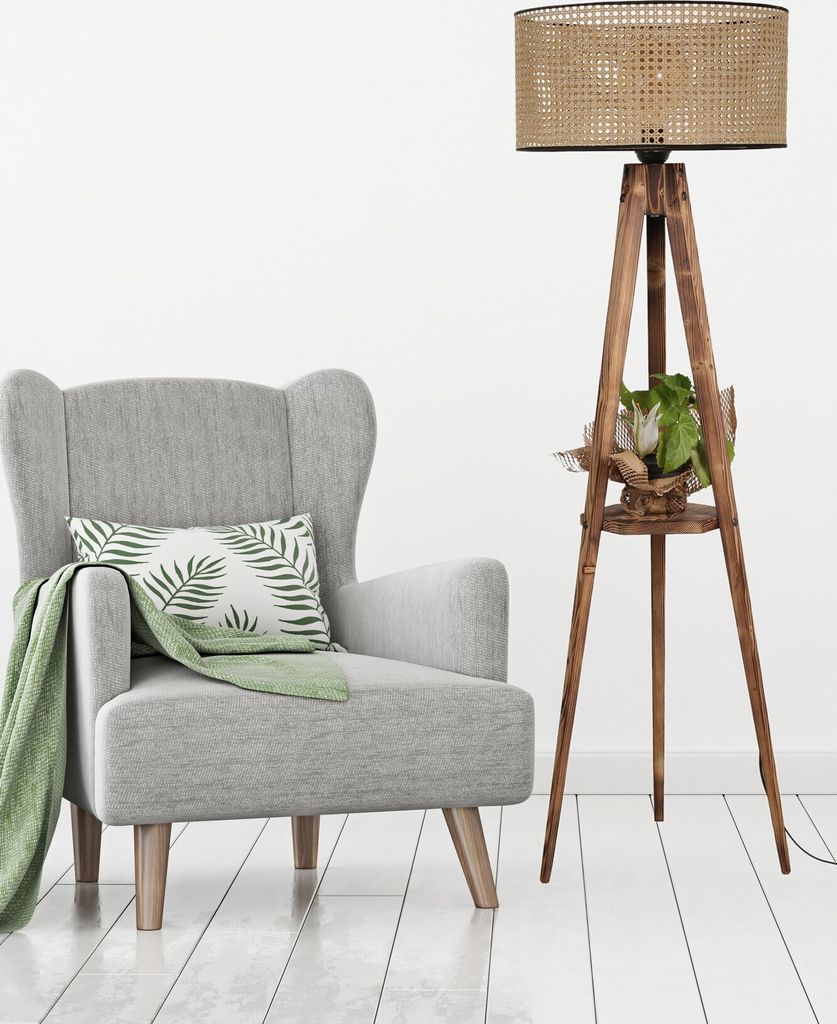 Opviq, Sehbalı Tripod Lambader Yanık Silindir Rattan Abajurlu, Stehlampen, Braun, Holz, 45 x 45 x 153 cm