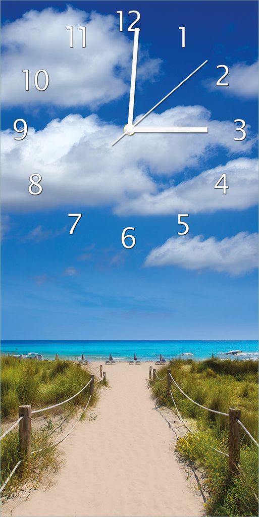 Wallario Design Wanduhr Sandweg zum blauen Meer mit blauem Himmel aus Echtglas, Größe 30 x 60 cm