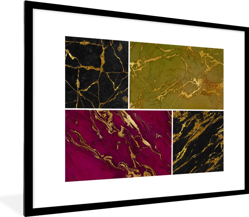 MuchoWow Gerahmtes Poster Marmor - Gold - Collage 80x60 cm - Poster mit Schwarzem Bilderrahmen Wandposter Rahmen Foto Bilder - Schlafzimmer-Dekor...