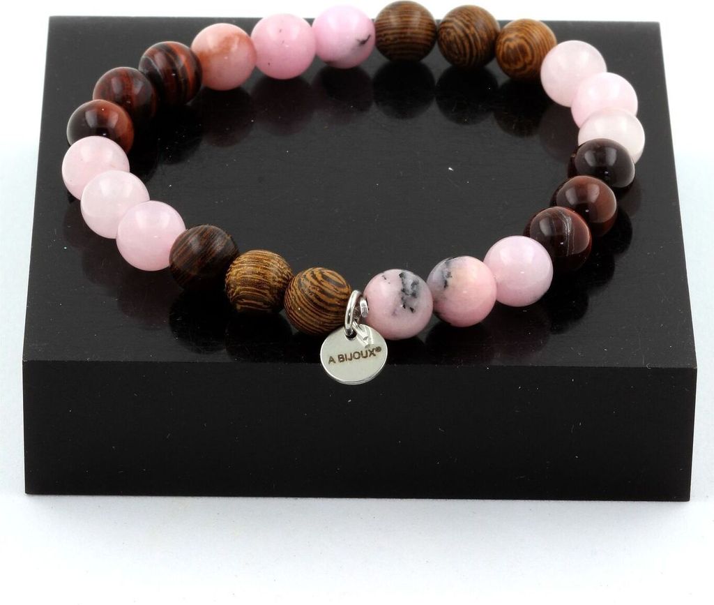Armband aus rosa Opalperlen + rotem Tigerauge + rosa Quarz + Holz 8 mm