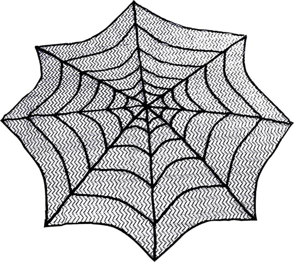 Halloween-Tischdecken-Dekoration, schwarzer Spitzen-Tischläufer, runde Spinnennetz-Tischdecke, Kaminsims, Schal, Lampenschirm, Fledermaus-Wandaufk...