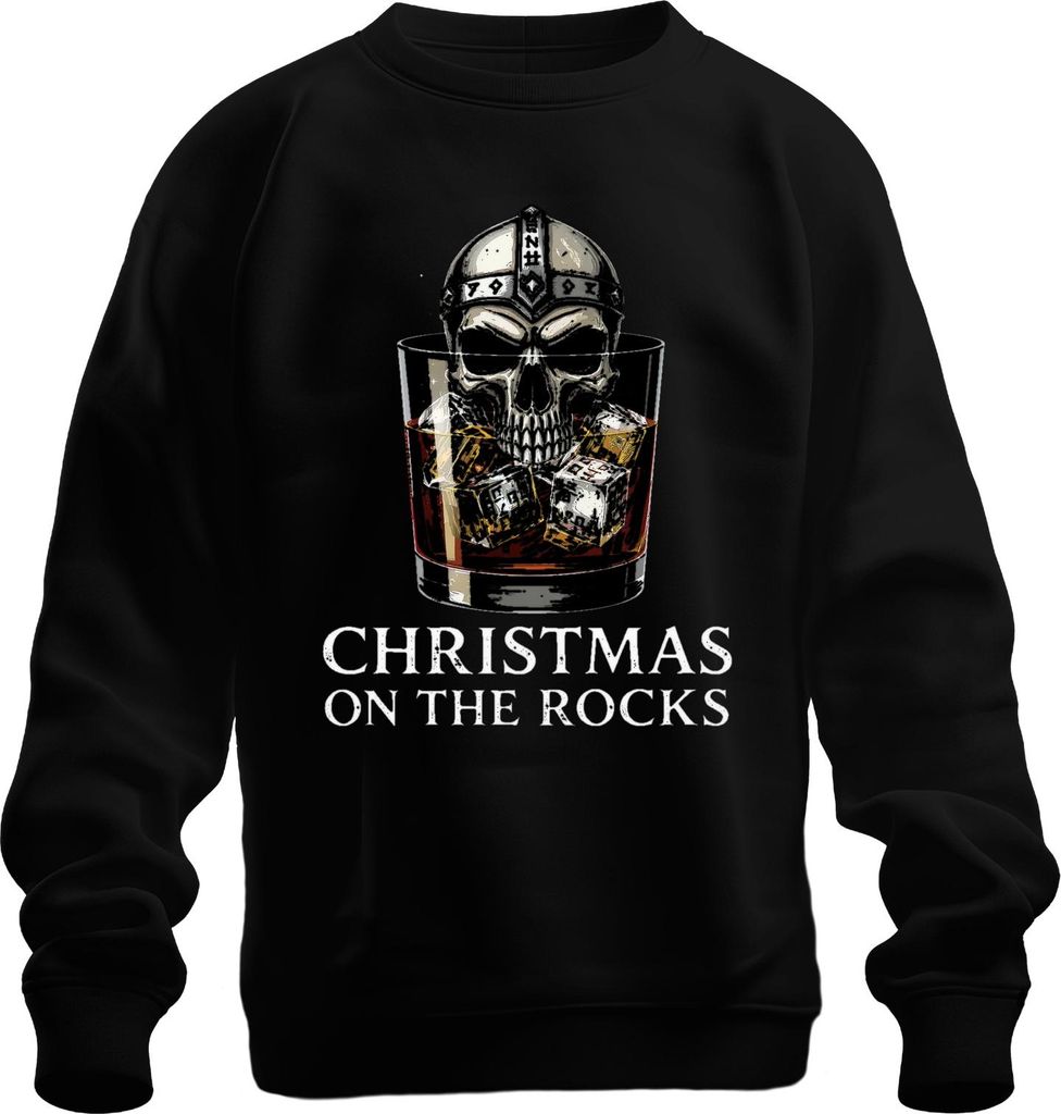 Christmas On The Rocks Whiskey Skull Viking Helm Runen Geschenk Uni Sweatshirt Pullover, Schwarz, S