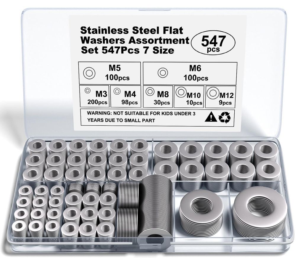 Unterlegscheiben-Set aus Edelstahl A2-304 V2A – 549-teilig, Unterlegscheiben und Sicherungsscheiben, Größen M3–M12, Edelstahl für Schrauben ...