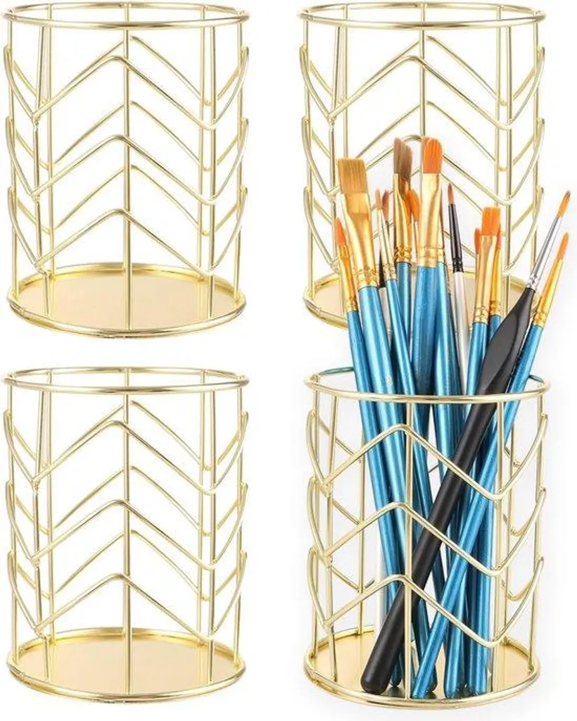 Organiseur de bureau doré en maille d'acier, set de 4 pots à crayons