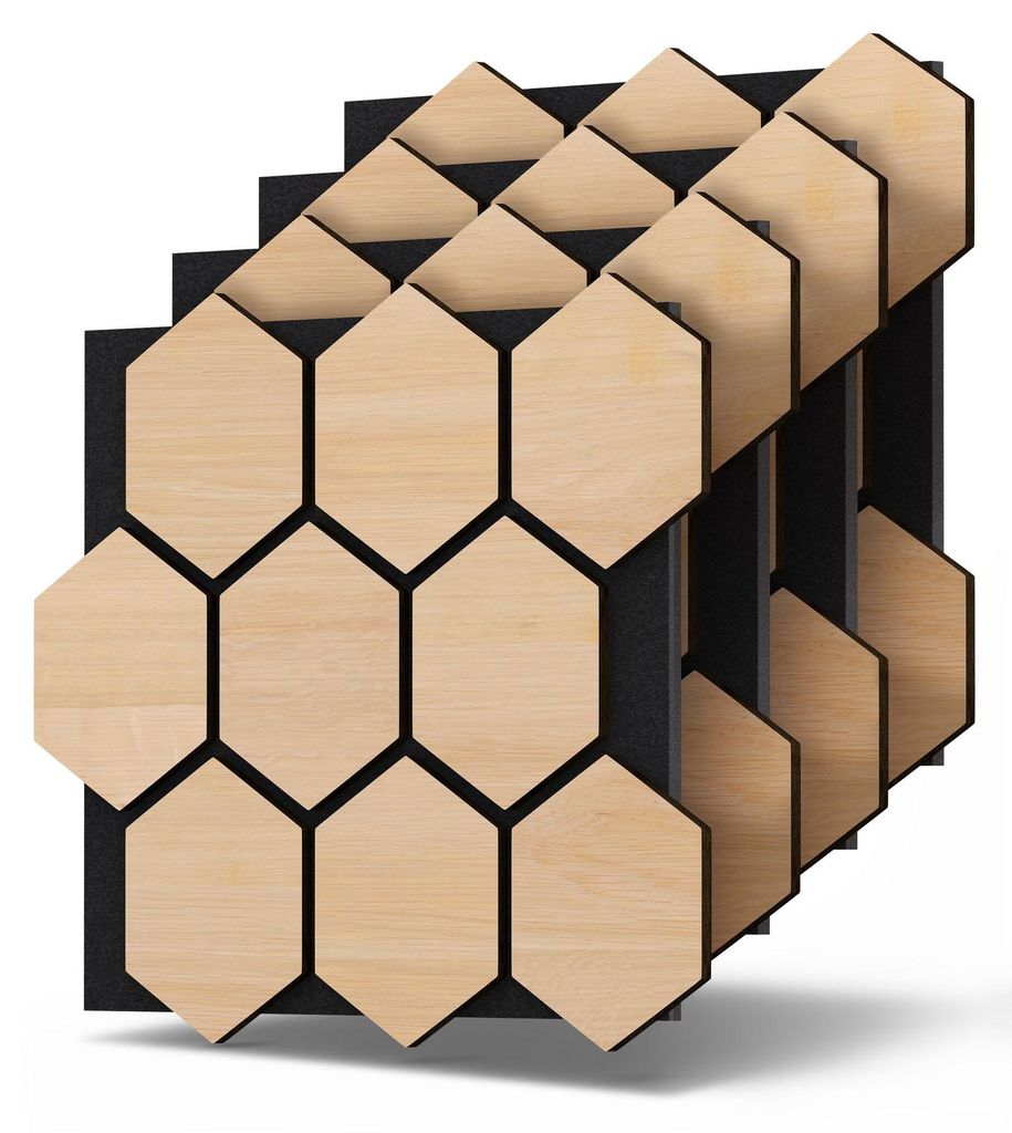 Dalsys 4x Akustikpaneele Holz 76x62cm mit Hexagon-Muster Eiche hell - Wandpaneele Holz für Schallschutz in Büro- & Wohnräumen - Akustik Paneele ...