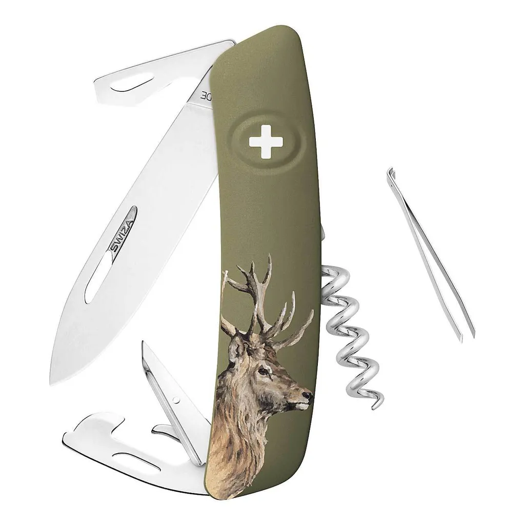 SWIZA D05 Couteau Suisse 12 Fonctions Olive avec Motif Cerf Gravé
