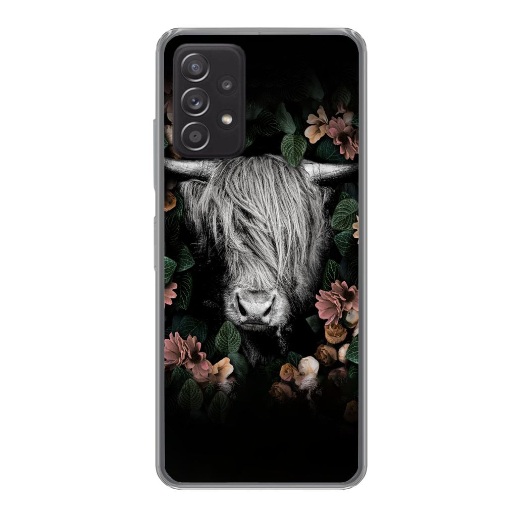 MuchoWow Handyhülle Schutzhülle Hülle für Samsung Galaxy A33 5G Schottischer Highlander - Blumen - Rosa Silikon Softcase Handy Hülle - Karte...