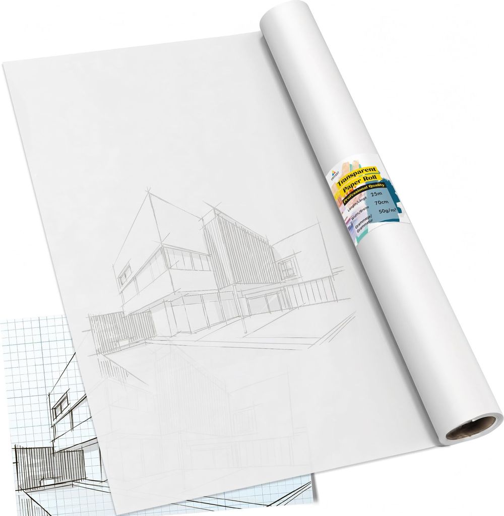 Tritart Transparentpapier Rolle - Pauspapier 25m x 70cm - Schnittmusterpapier 50g/m² - Architektenpapier - Abpauspapier weiß transparent - Malpapier