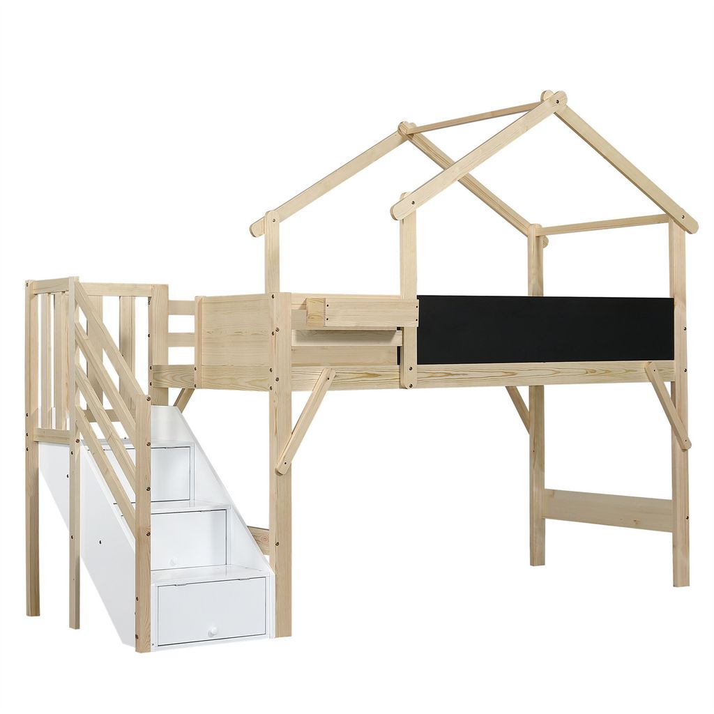 Etagenbett,Kinderbett mit Fallschutz und Gitter,Einzigartiges Dachdesign,Bemalbare Tafel,Mit 3 Schließfächer in der Treppe,Kiefer+MDF+Sperrholz