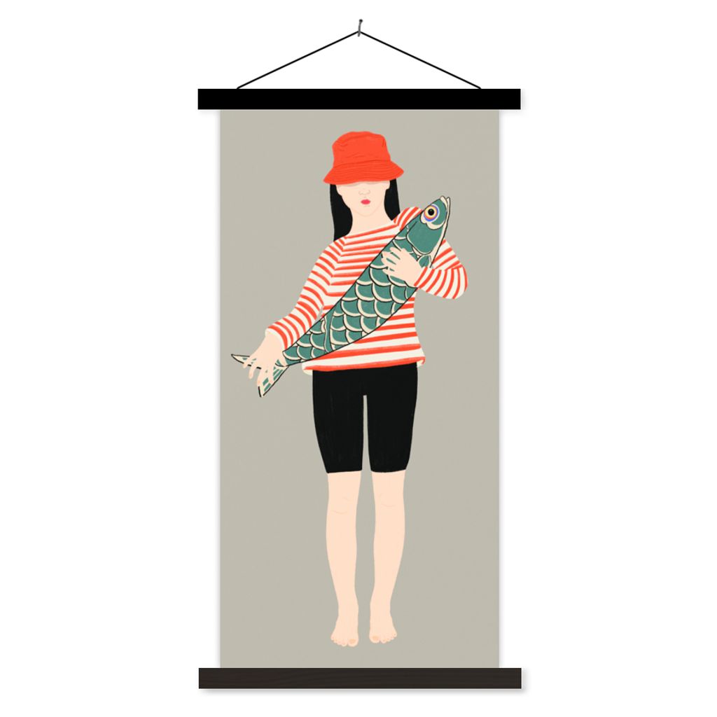 MuchoWow Textilposter Frau - Fisch - Jahrgang 60x120 cm mit schwarzem Rahmen - Magnete