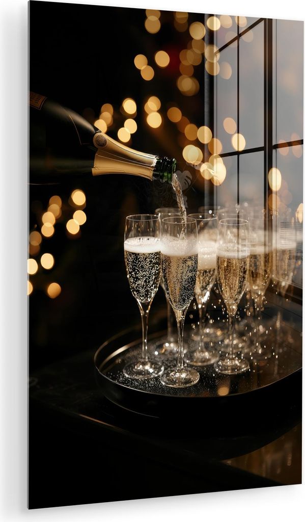 MuchoWow Glasbilder - Bilder auf Wandbild - Foto auf Glas Lichter - Champagner - Tablett - Gläser 60x90 cm Wanddekoration aus Glas - Acrylglasbild...