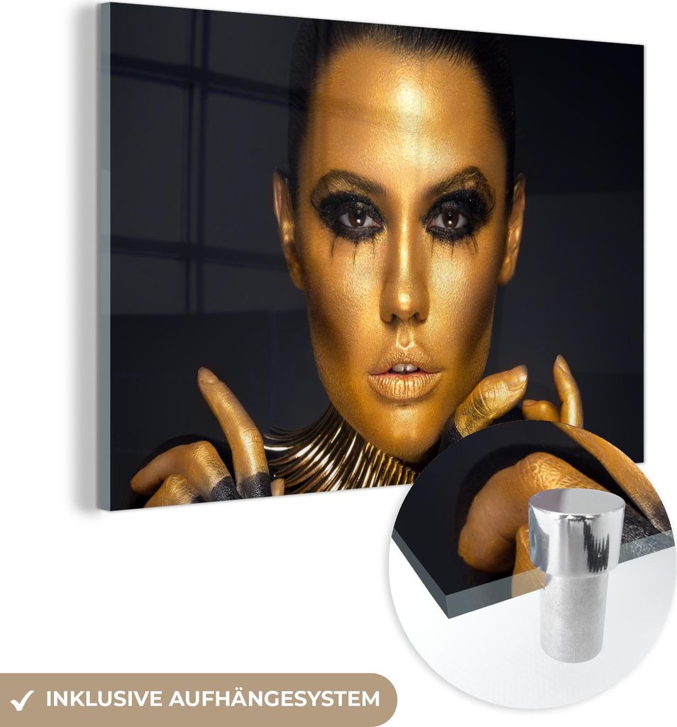 MuchoWow Glasbilder - Bilder auf Wandbild - Foto auf Glas Make-up - Tasche - Gold - Luxus - Frau 30x20 cm Wanddekoration aus Glas - Acrylglasbild -...