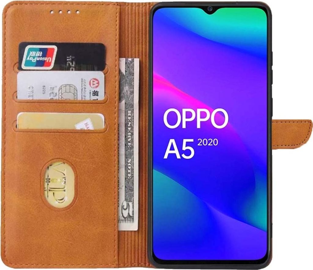 Geschikt voor Oppo A5 2020 Telefoonhoesje Kunstleer met Magnetisch lipje en Pasjeshouder Book Case met Klepje - Bruin - Smartphonica