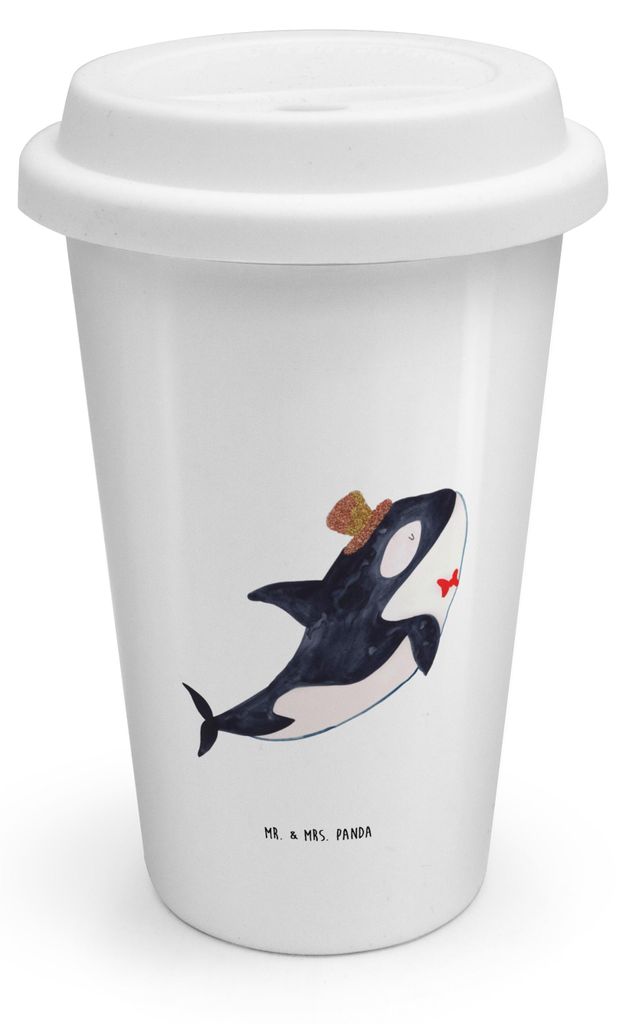Mr. & Mrs. Panda Kaffeebecher To Go Orca Zylinder - Weiß - Geschenk, Thermobecher, Fest, Glitzer, Narwal, Meerestiere, Glückwunsch, Geburtstag, M...