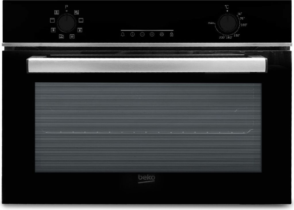 A front view of a black Beko built-in oven.