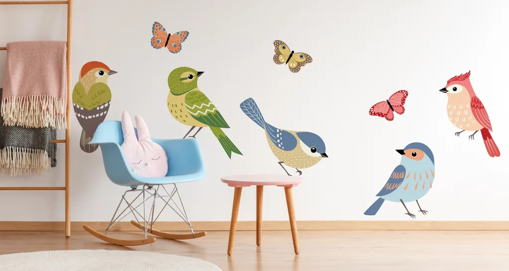 Tatuaggio Murale XXL Bambini 125x250 cm Uccelli Colorati Farfalle