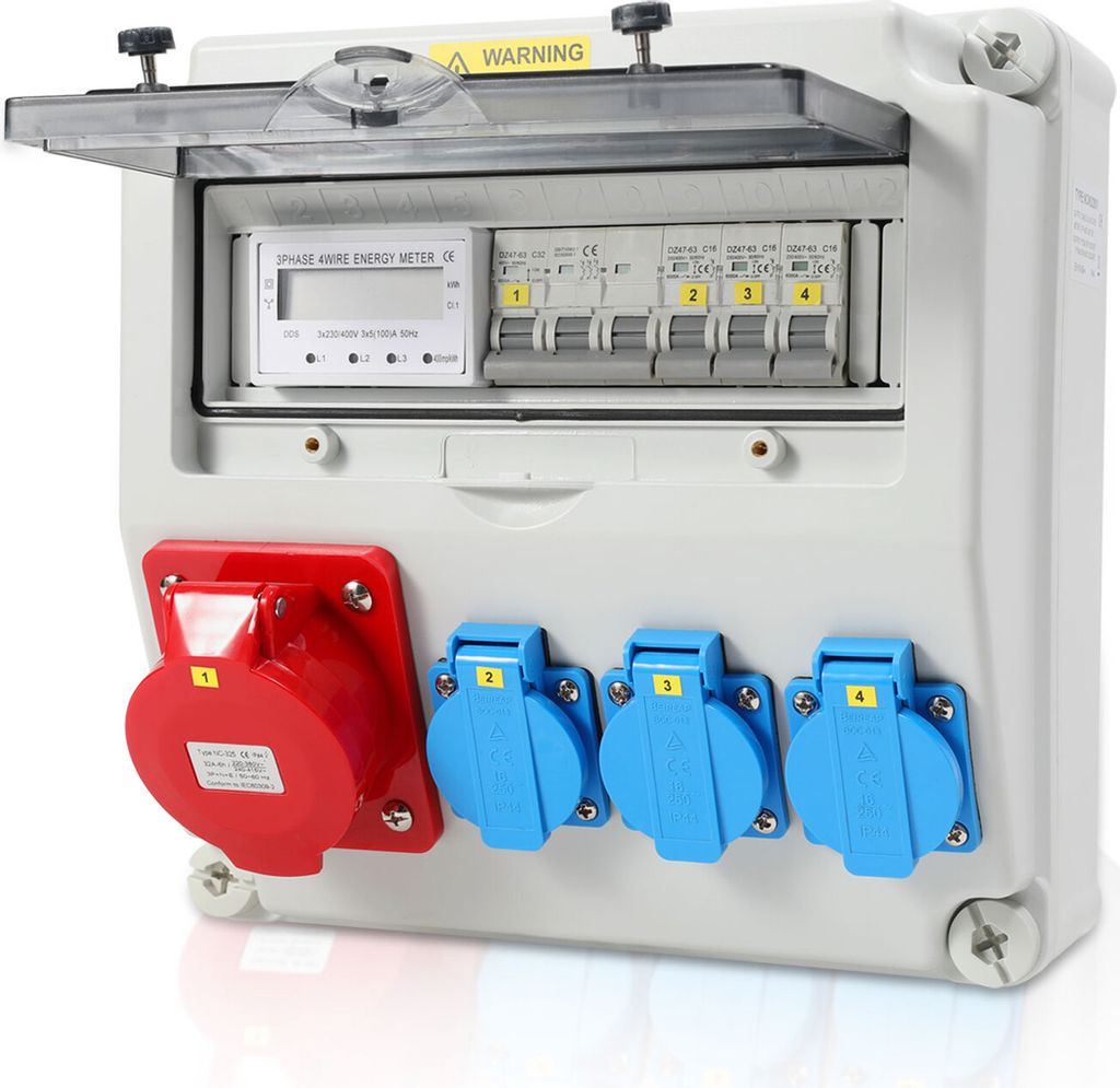 TolleTour Wandverteiler mit Stromzähler 3-Phasen und MCB,5 Polig Baustromverteiler mit 3xSchuko-Steckdose und CEE-Steckdose 32A Stromverteiler fü...
