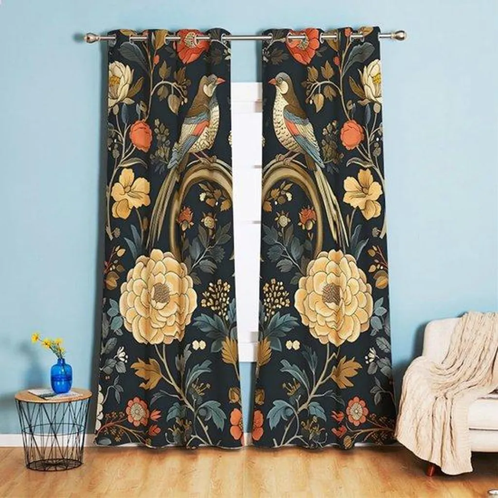 Paire de rideaux rétro fleurs et oiseaux bleu foncé en polyester (lot de 2)