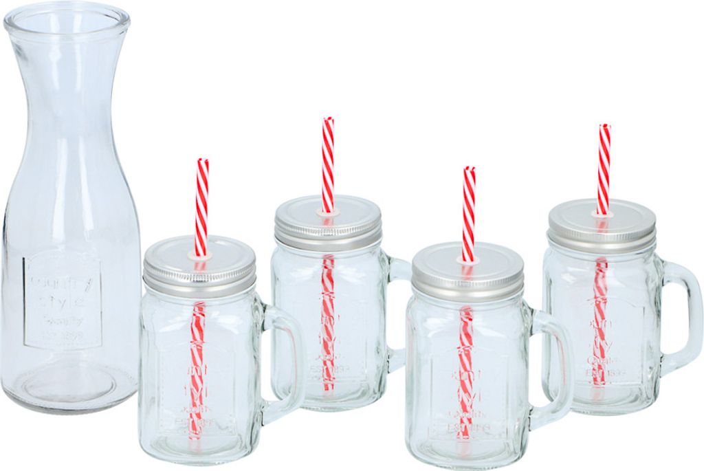 Wasserkaraffe und 4 Trinkbecher aus Glas, Gläser mit Schraubdeckel inkl. Trinkhalm, Karaffe für Kaltgetränke, Wein, Bowle etc., Volumen ca. 1 Liter