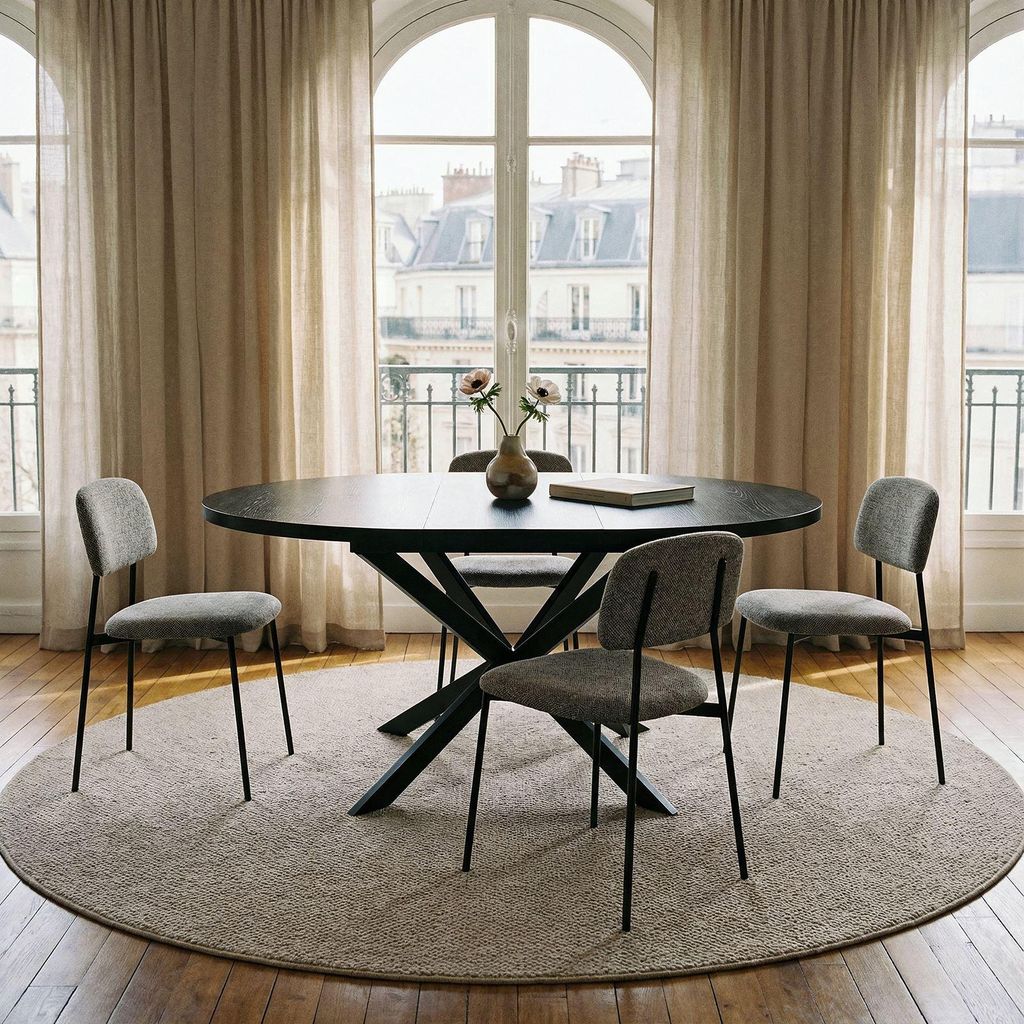 Essgruppe TOLEDO mit Tisch und 4 Stühlen, Schwarz/Grau - Esstisch rund 120 cm, Esszimmermöbel Set, ausziehbar und platzsparend, ideal für kleine...