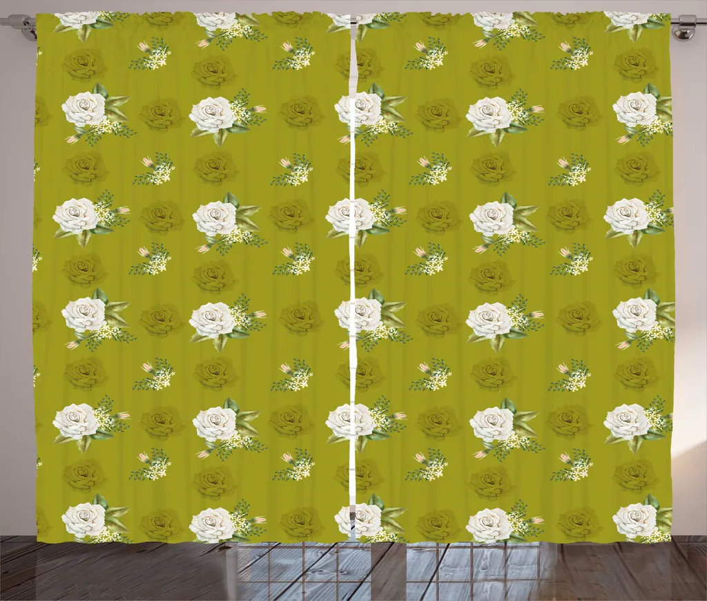 Rideaux universels salon vert olive à motifs fleurs 280 x 225 cm